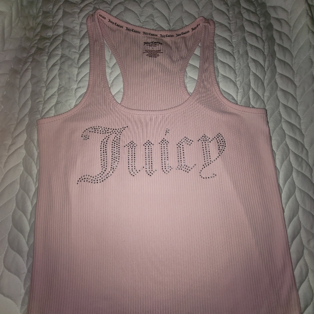 JUICY COUTURE Intamates/Sleepware Pink Ribbed Tank Large BLING Racer Back - Picture 2 of 6
